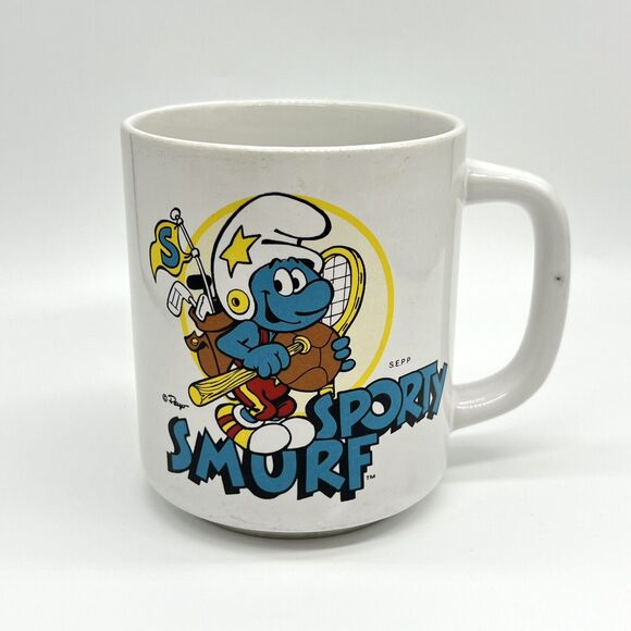 VTG Sporty Smurf Coffee Mug 1981 Wallace Berrie Peyo SEPP Gold Tennis Ceramic - Picture 11 of 11